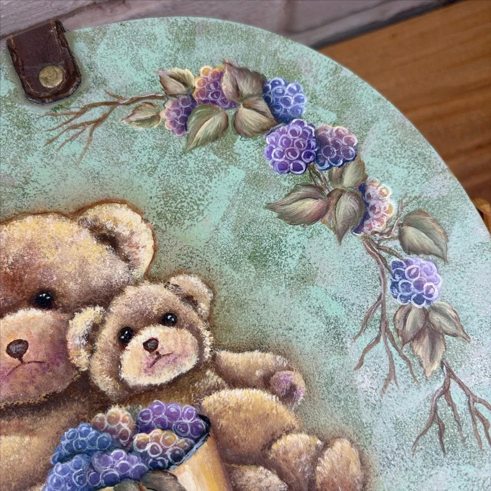 Handpainted Teddy Bear Blackberry Purse Basket Wood Lid Leather Straps Cottage